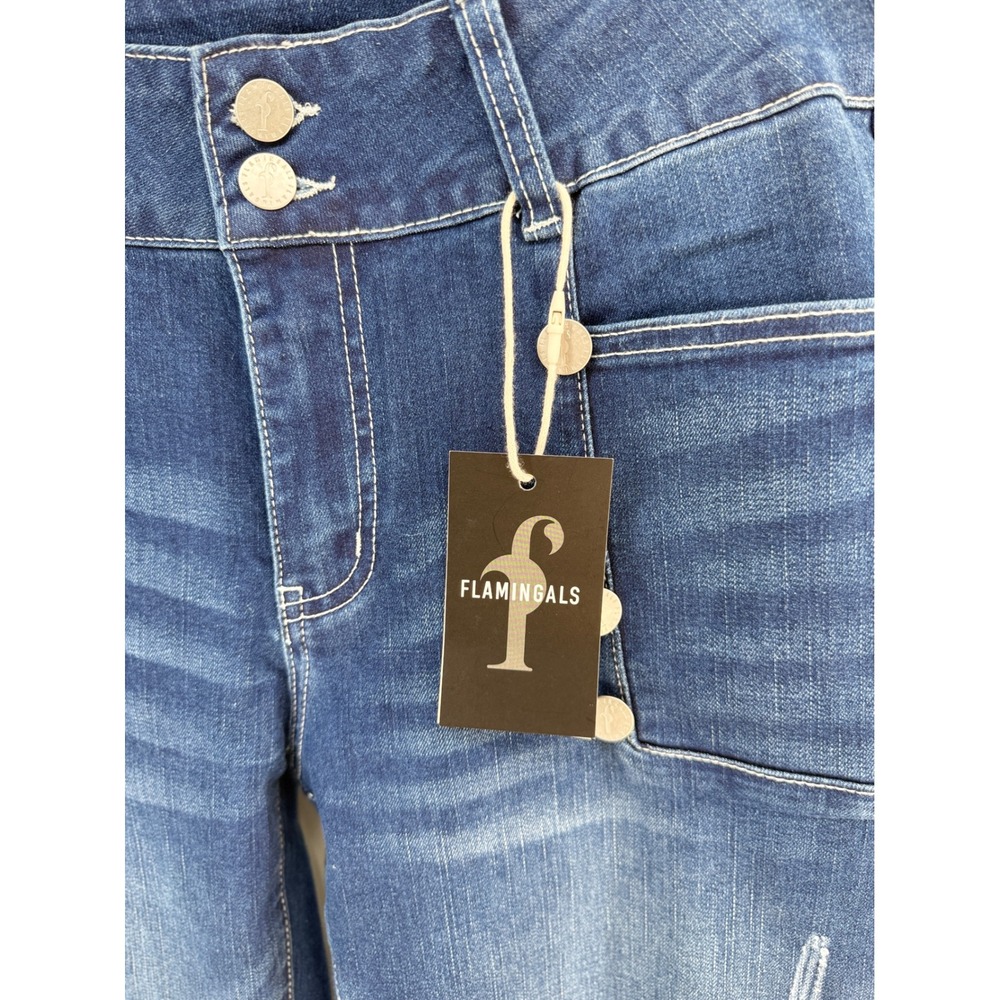 Flamingals Womens High Waisted Sailor Button Jeans Dark Wash Distressed Size L - Picture 4 of 9